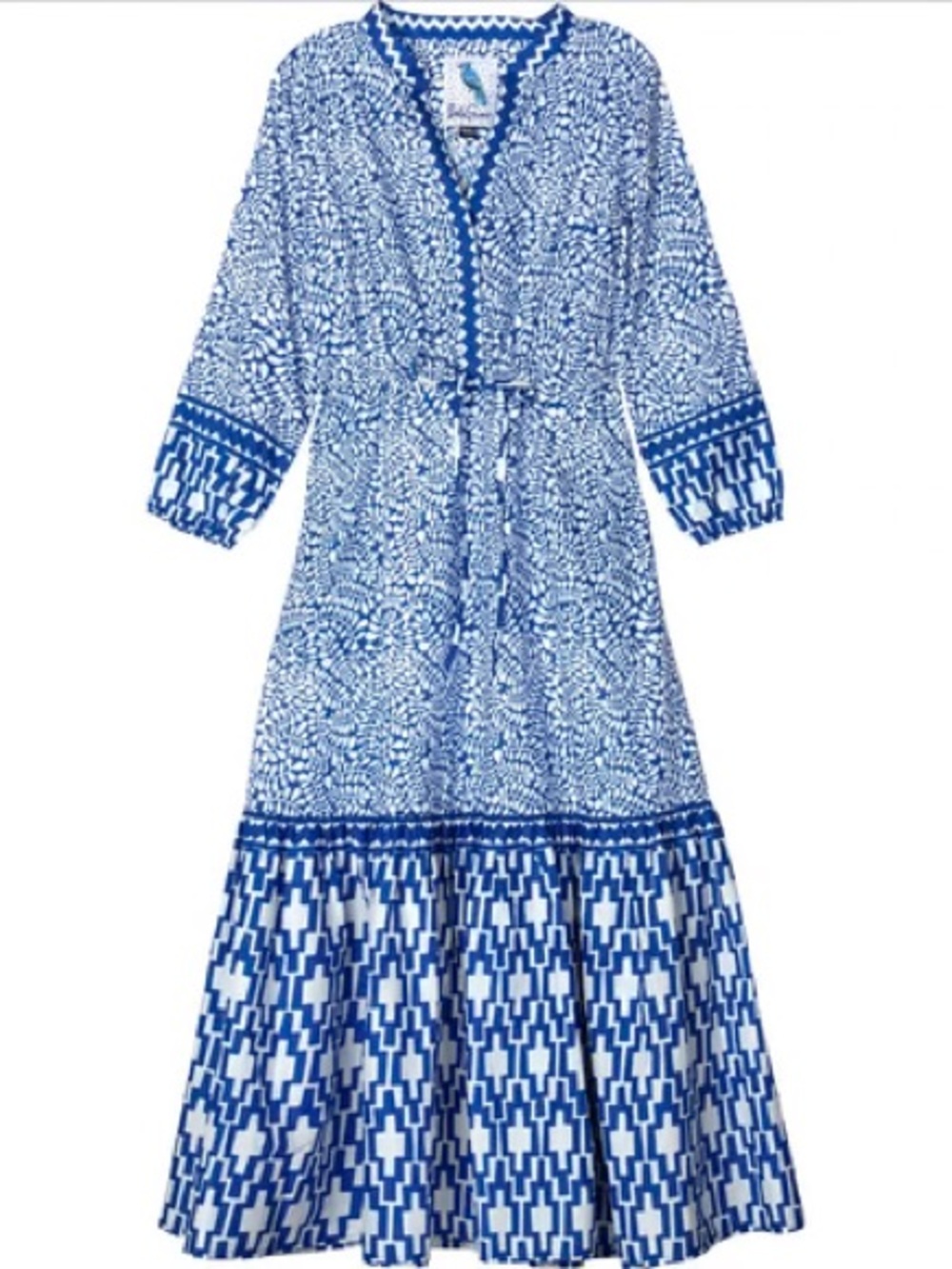 Blue and White Printed Long-Sleeve Maxi Dress with Tie Waist